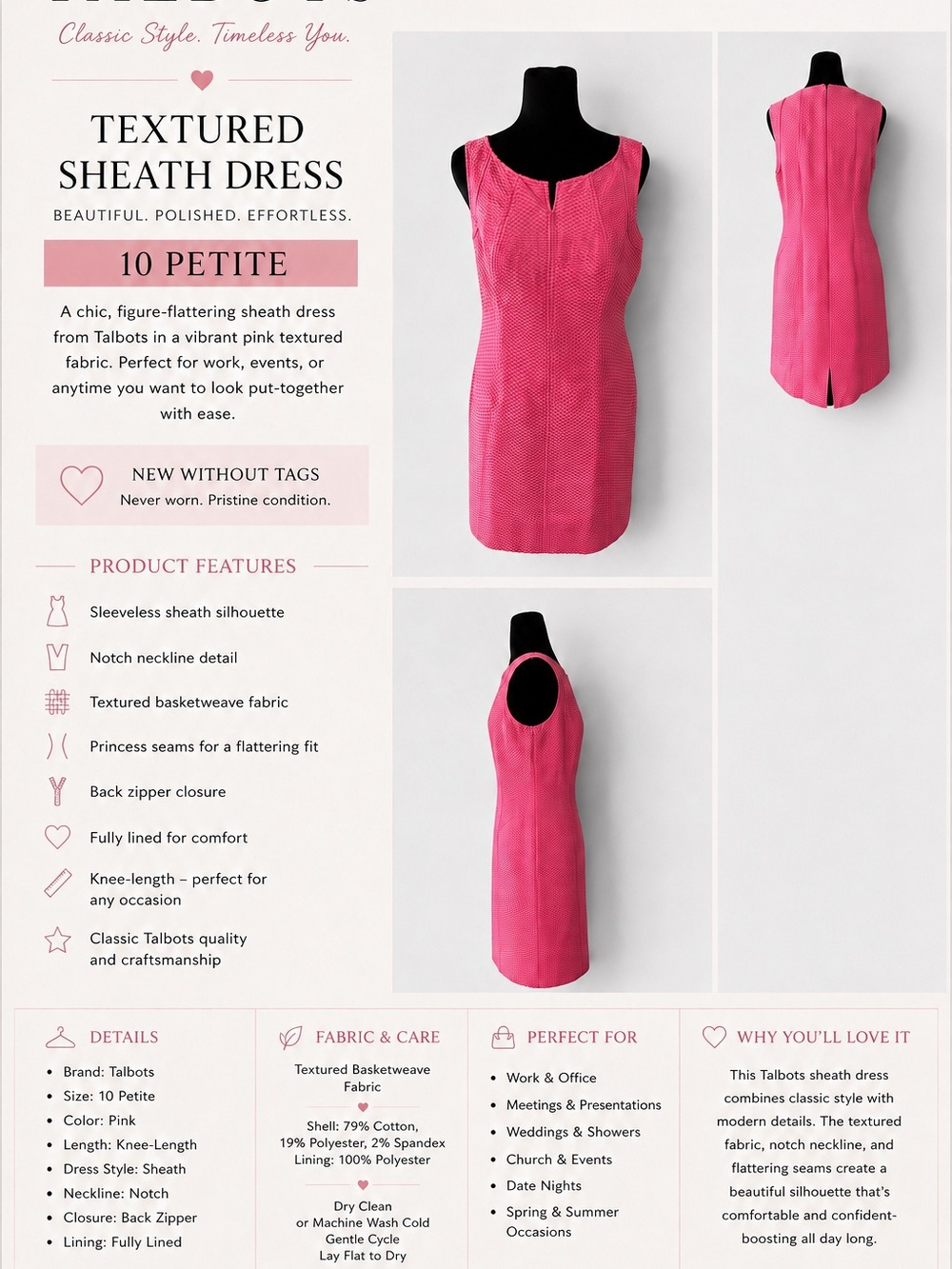 Talbots Pink Textured Sleeveless Sheath Dress